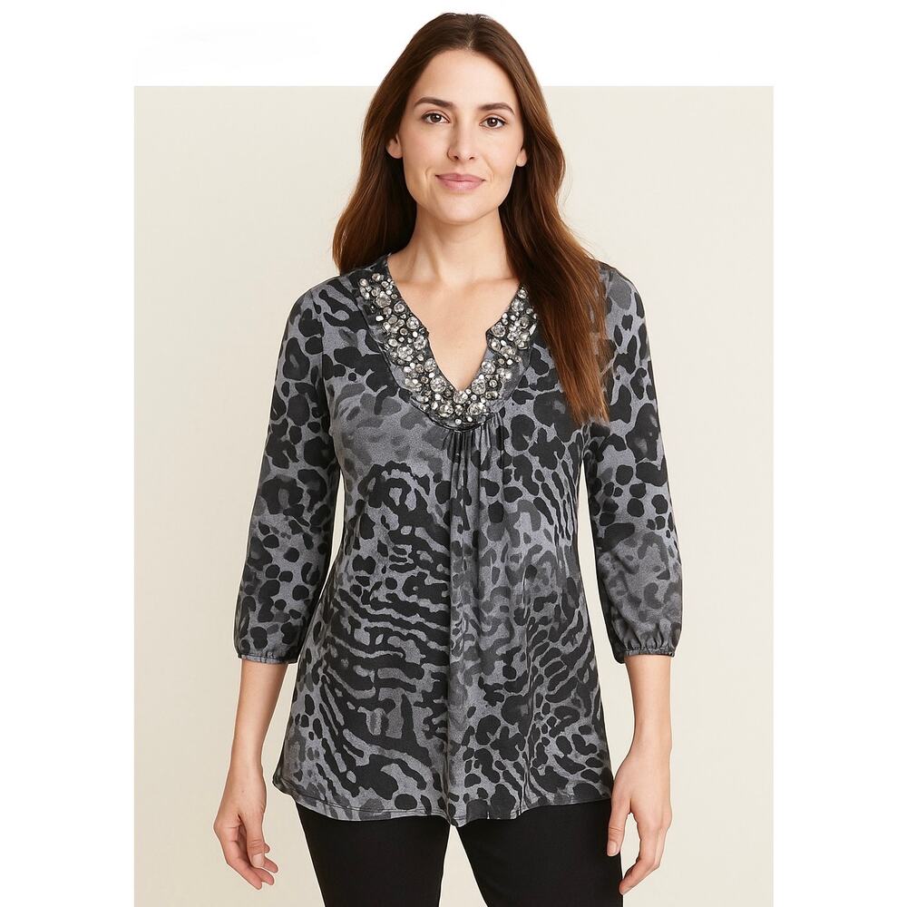 Marc Bouwer Leopard Print Metal Beaded 3/4 Sleeve Stretchy Blouse Size S